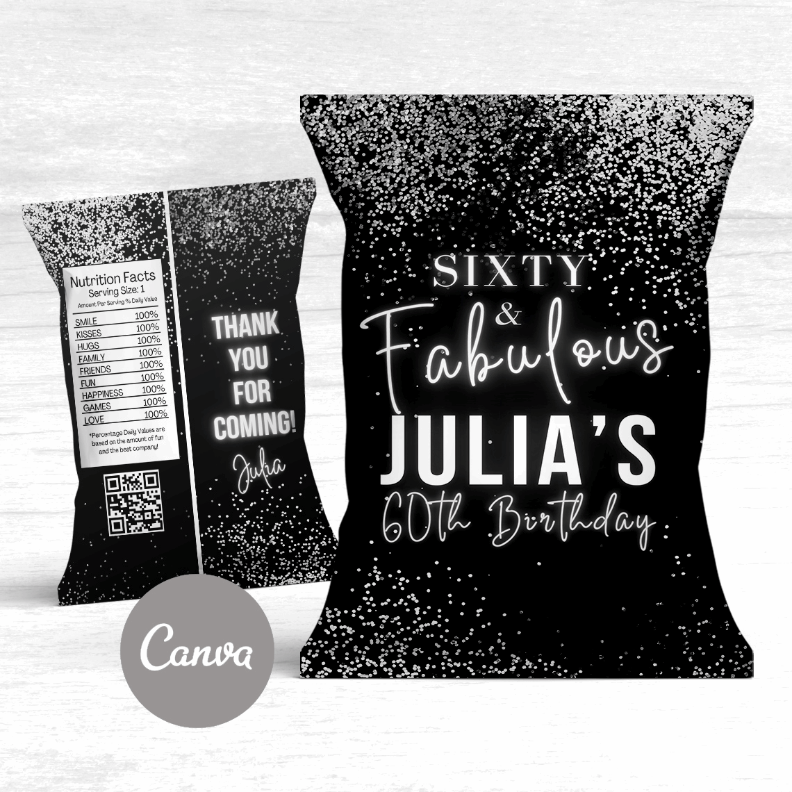 Black and Silver Glitter Chip Bag